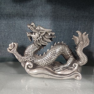 Chinese Antiques Myths Exquisite Rare White Copper Dragon statue ornaments worth collecting