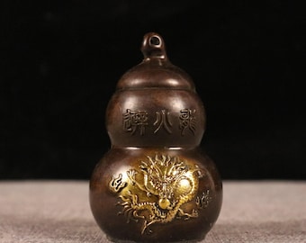 アンティークの龍鳳彫刻入りひょうたん – 中国風水筒、永遠の愛の象徴