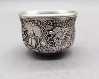 Chinese hand carved Tibetan silver dragon and phoenix wine cup ornament, furniture decoration, worth collecting and using