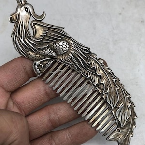 Chinese Antiques Handmade Tibetan silver comb, phoenix comb, hairdressing comb, massage comb, wedding gift ornament