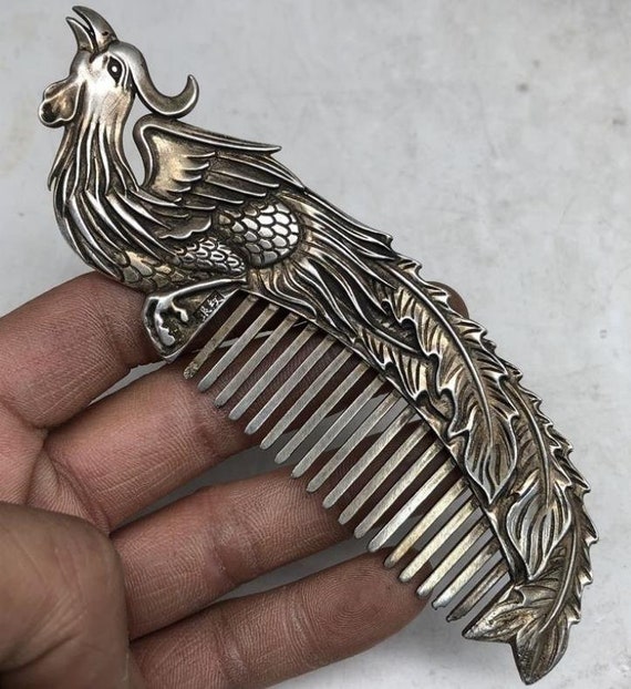 Chinese Antique Silver comb oriental Bird. ANTIQUE CHINESE SILVER ORNATE BIRDS PEACOCK ? REPOUSSE HAIR  main image 4