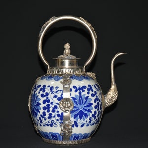 Handmade Tibetan silver inlaid porcelain tea pot, wine pot, ceramic wine ware, Rare Shape,Blue and white porcelain pot, can be used