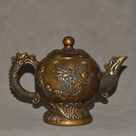 手彫りの銅製ドラゴン柄ワインポット、ティーポット、絶妙な職人技