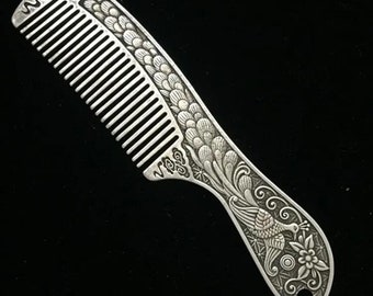 Handmade Tibetan Silver Hundred Blessings Comb, Peacock Comb, Copper Comb, Massage Comb, Exquisite Gift, Worth Collecting and Using