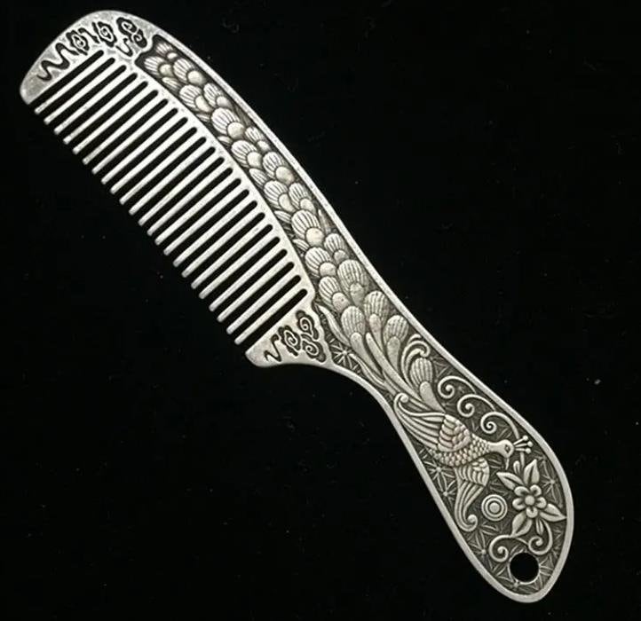 Handmade Tibetan Silver Hundred Blessings Comb, Peacock Comb, Copper Comb, Massage Comb, Exquisite Gift, Worth Collecting and Using