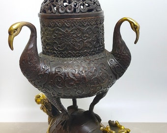 中国の手作りの銅製の亀と鶴の彫像、香炉の装飾品、家具の付属品