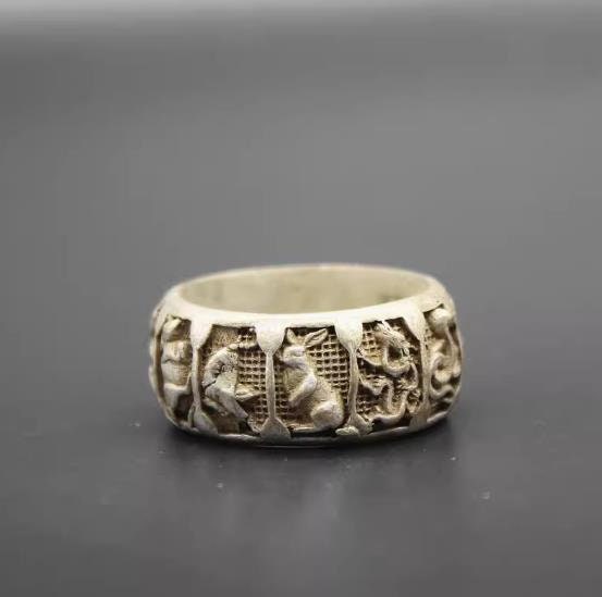 Tibetan silver zodiac statue ring, ancient collection, rare gift