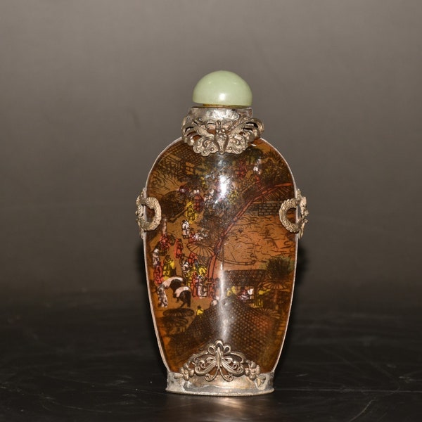 Glass inlaid Tibetan silver snuff bottle decoration, handmade interior painting,with a picturesque appearance,exquisite craftsmanship