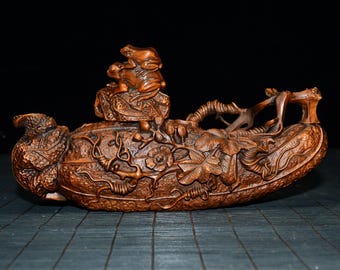 Chinese handmade carved natural boxwood luffa statue ornament, exquisite wood carving, furniture decoration