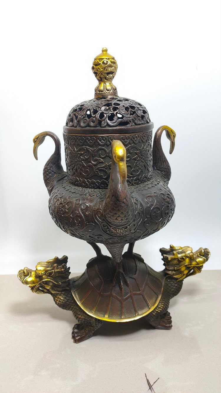 中国の手作りの銅製の亀と鶴の彫像、香炉の装飾品、家具の付属品
