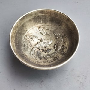 Chinese Handcarved White Copper Double Fish Bowl ornament living room study decorations Desktop Decor