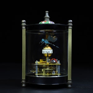 May include: A glass encased clock with a gold and black base. The clock face is a gold sphere with black numbers. A blue dragonfly and a red ladybug are suspended above the clock face.