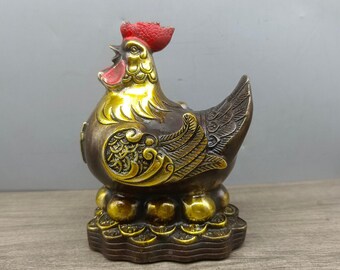 【海】江戸明治期　雄鶏形　ニワトリ　手彫　大目貫　金具　銅製鍍金　骨董品 名品 江戸期金工作 大目貫 無銘 赤銅地肉彫金銀色絵 鷲に