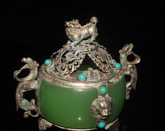 Chinese handcrafted Agate wrapped Tibetan silver inlaid turquoise lion incense burner,exquisite ,rare design,collecting,furniture decoration