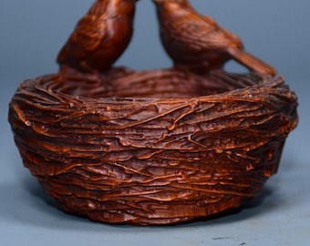 Hand carved natural boxwood bird nest ornament, exquisite wood carving, furniture decoration