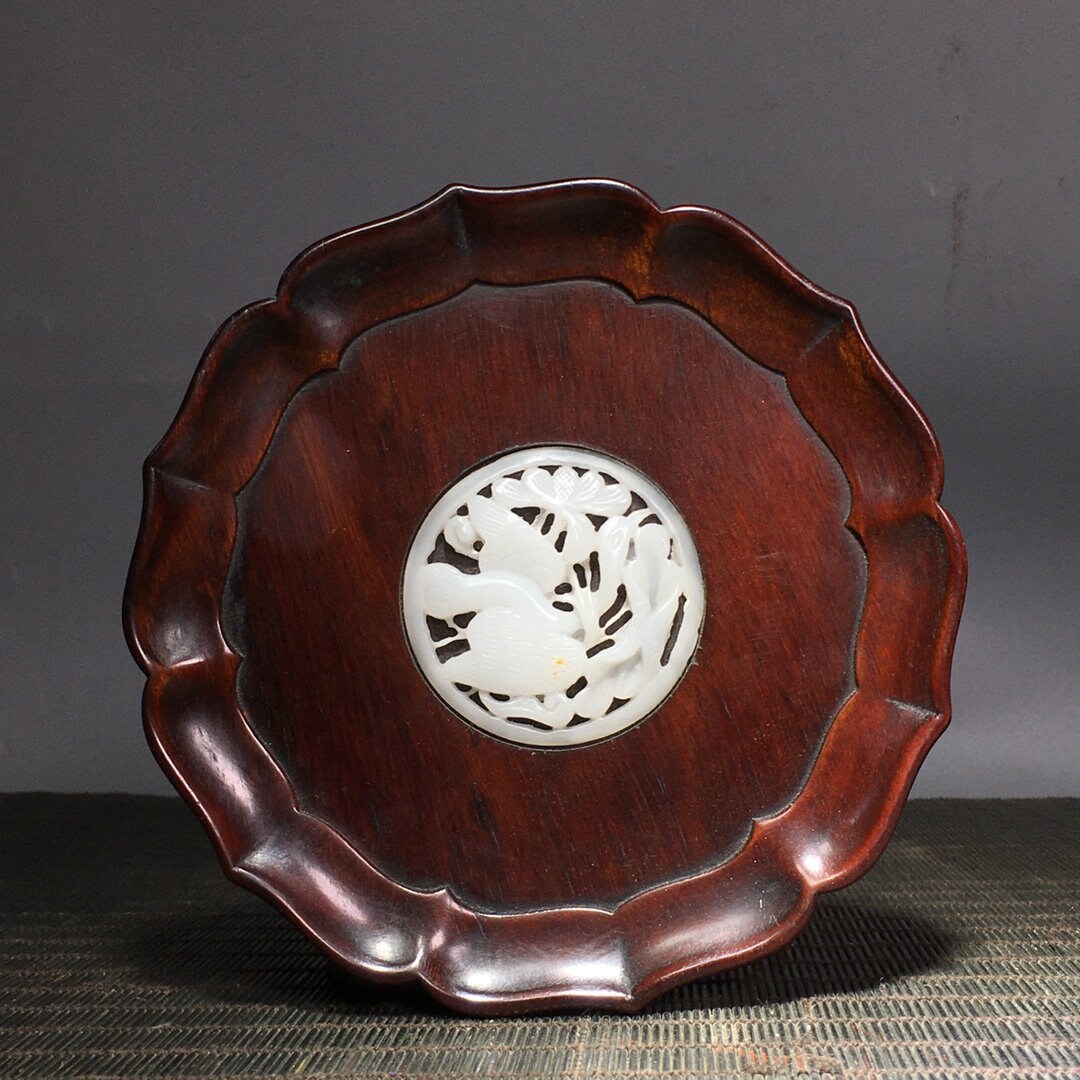 Handcarved Rosewood Inlaid Jade Tea Tray Ornaments, Unique and