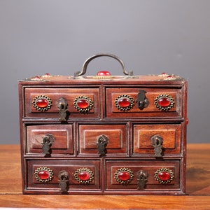 Handcarved rosewood inlaid gemstone seven draw jewelry box storage box,Chinese antique,furniture decoration,worthy of collection and use
