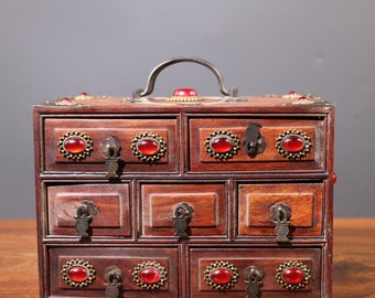 Handcarved rosewood inlaid gemstone seven draw jewelry box storage box,Chinese antique,furniture decoration,worthy of collection and use