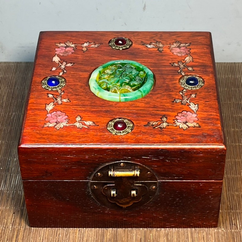 Chinese Antique Handmade Carved Rosewood Inlaid Jade Storage Box ...