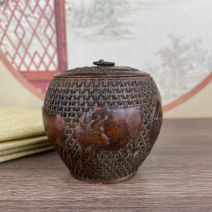 Chinese collection of handmade carved copper five ox tea jars/sealed jars/lidded jars, for home life, tabletop ornaments, can be used