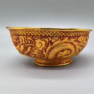 Ciotole cinesi antiche intagliate a mano in rame dorato con drago e fenice/ciotole decorative, forme uniche, bellezza squisita, collezionismo e utilizzo
