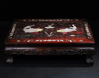 Hand carved solid wood lotus fish patterned small tea/coffee table,rare shapes,unique craftsmanship,worth collecting