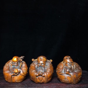 A set of hand carved boxwood Fu Lu Shou statues,rare craftsmanship, worth collecting