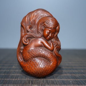 China collects exquisite handcrafted Boxwood mermaid/Beauty statue decoration，unique designs/Workmanship， can be used