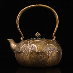 Handcarved copper inlaid gemstone lotus tea pot/wine pot,exquisitely carved,exquisitely crafted,furniture decoration,collecting and using