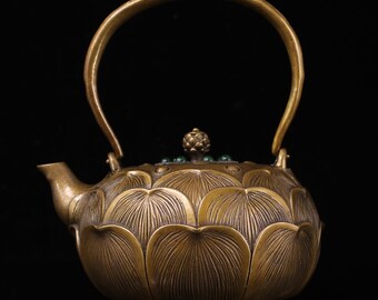Handcarved copper inlaid gemstone lotus tea pot/wine pot,exquisitely carved,exquisitely crafted,furniture decoration,collecting and using