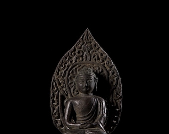 Estatua ornamental de Buda Amitabha retroiluminada en bronce, de forma única, coleccionada en China, ideal para la decoración de muebles y mesas.