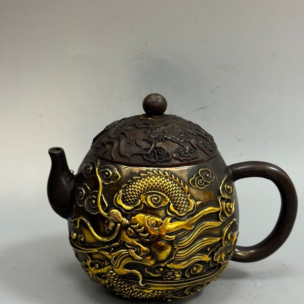 Chinese antique handmade carved pure copper dragon and phoenix teapot/wine pot,precious and rare,furniture decoration,holiday gifts