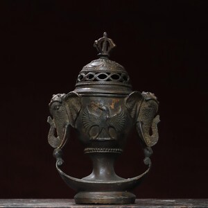 Chinese collection hand carved copper double eared elephant incense burner,desktop decorations, rare and unique,can be used