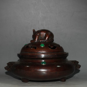 Handcarved copper inlaid gemstone incense burner ornament, Chinese antique, furniture decoration, rare, worth collecting, unique gift