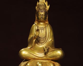 Chinese handmade carved copper gilded Guanyin statue ornament, precious and rare, Zen Desk Decor,worth collecting