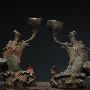 A pair of Chinese handmade carved bronze dragon fish candle holders/wax holders,finely crafted,precious and rare,worth collecting and using