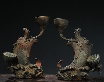 中国の手作り彫刻ブロンズドラゴンフィッシュキャンドルホルダー
