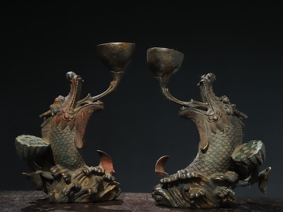 中国の手作り彫刻ブロンズドラゴンフィッシュキャンドルホルダー