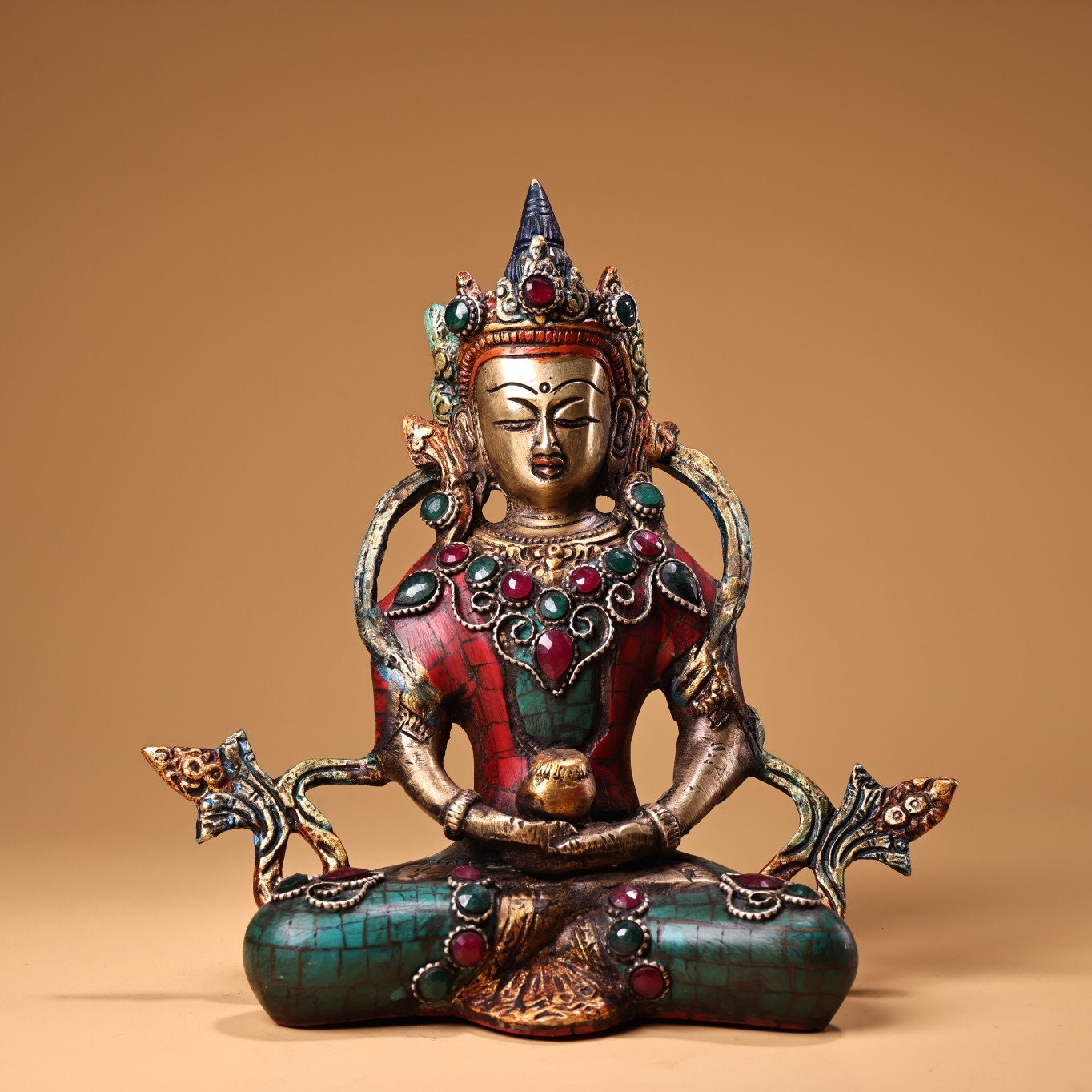 仏像 銅製 玉石象嵌 中国美術 中国のアンティーク手作り彫刻銅象嵌宝石仏像、絶妙な職人技、ユニーク