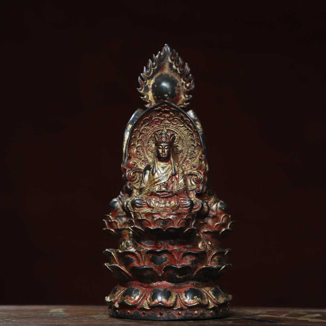 古董 置物 中国 仏像 三面仏像 彫刻 中国のアンティークの手作りの彫刻された青銅の三面仏像の装飾、絶妙な