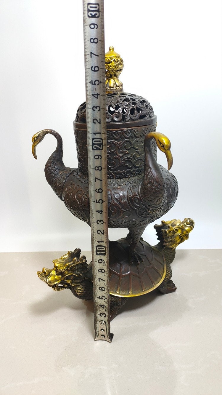 中国の手作りの銅製の亀と鶴の彫像、香炉の装飾品、家具の付属品