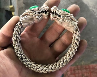 Chinese handmade carved Tibetan silver inlaid gemstone dragon head bracelet,rare gift,adjustable and wearable,unique design,collection