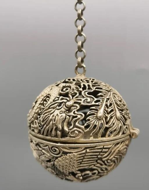 Tibetan Silver Dragon and Phoenix Hollow Fragrant Bag Ball Pendant Fragrant Ball，Chinese Collectible，Exquisite Rare，Handmade，Can be used