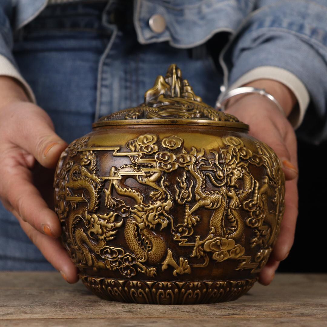 中国のアンティークコレクション手作りの彫刻された銅のドラゴンの瓶