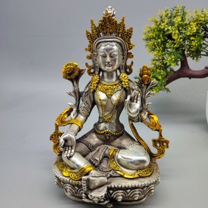 Collection Hand-carved Tibetan Silver Pure Copper Gilt Buddha green Tara Buddha Statue