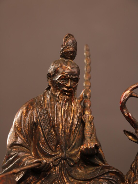 インテリア　ブロンズ老人と鹿の彫刻 中国の手作りの彫刻された老人と鹿のブロンズ像、家具の装飾