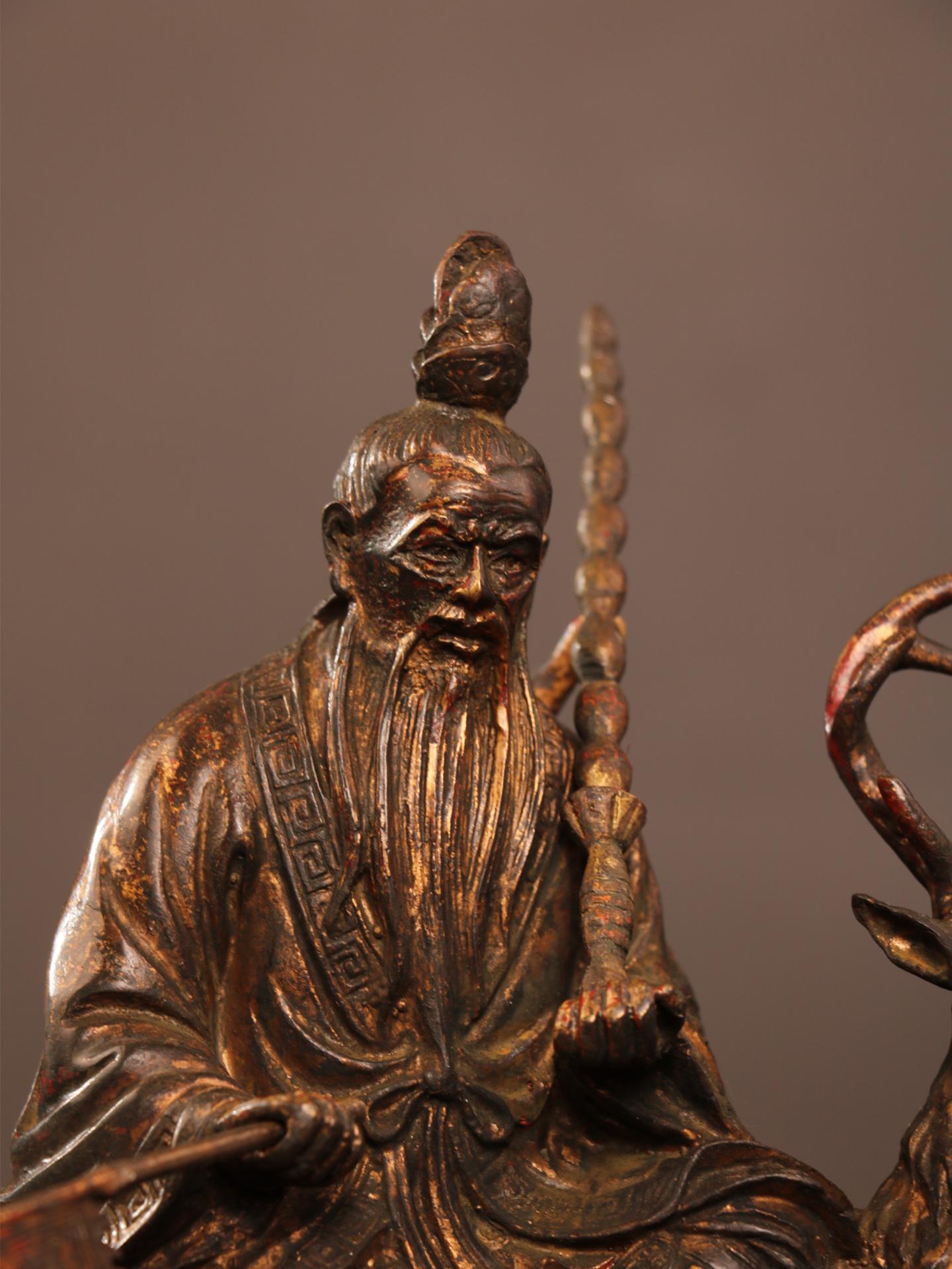 ブロンズ彫刻 時代物　金工師　老人像　鹿　山本孤山作　置物 ブロンズ彫刻 時代物 金工師 老人像 鹿 山本孤山作 置物 ブロンズ彫刻