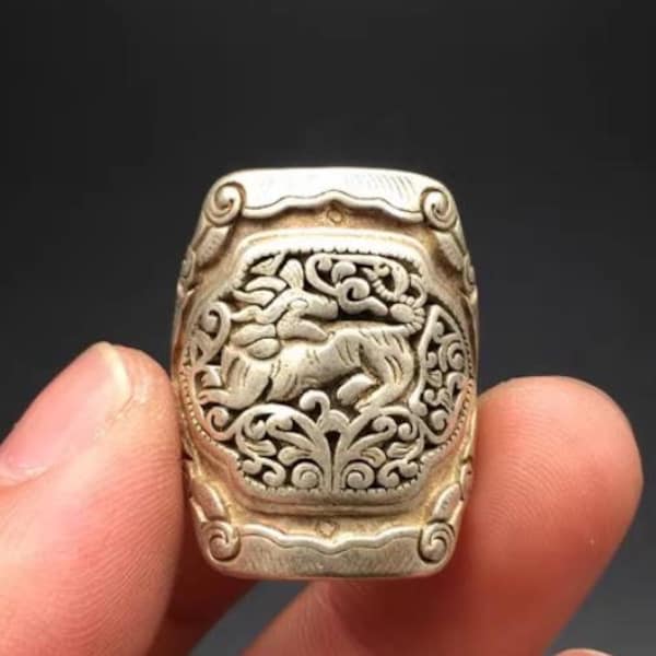 Anel Kirin de Prata Tibetana, Coleção Antiga, Presente Raro