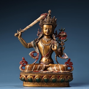 Colección china de estatuas de Buda Bodhisattva Manjusri de cobre puro talladas a mano, exquisitas y raras, decoración de escritorio.