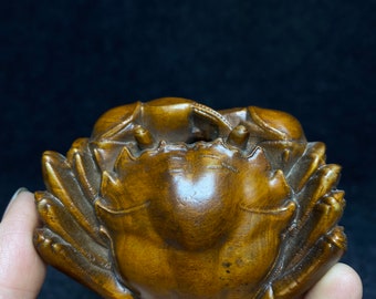 ツゲの木の手描きの絶妙なカニの像、中国のアンティーク、ユニークな